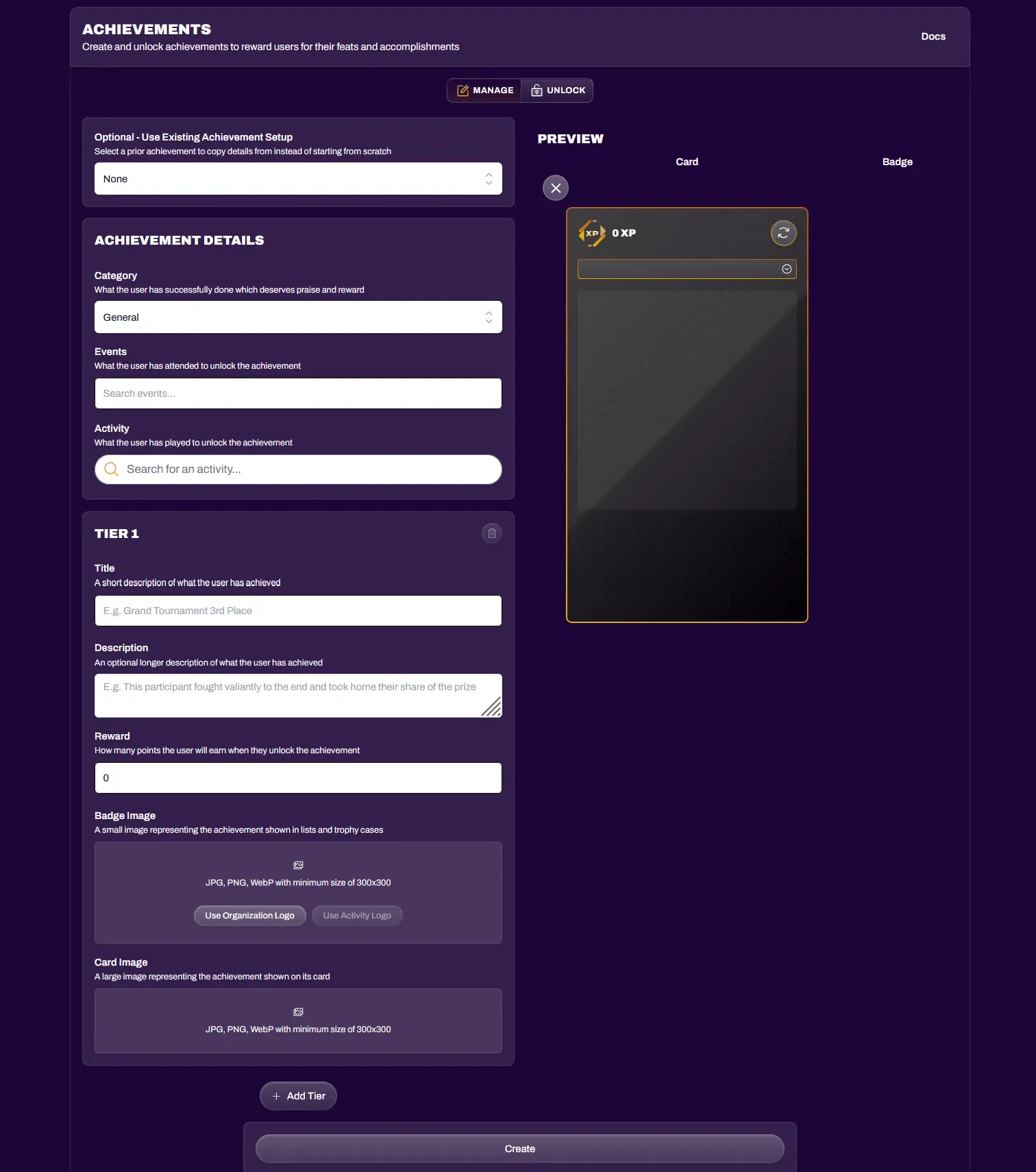Screenshot of the achievement creation interface