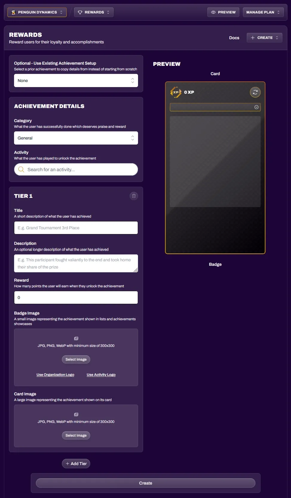 Screenshot of the achievement creation form