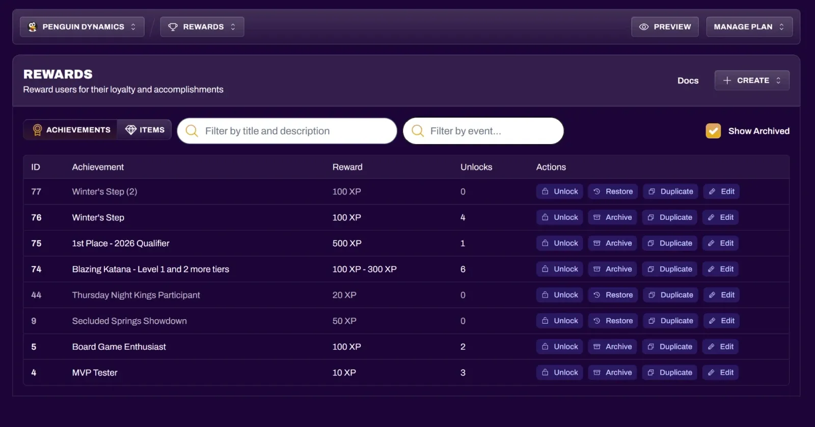 Screenshot of the Achievements tab with archived achievements shown
