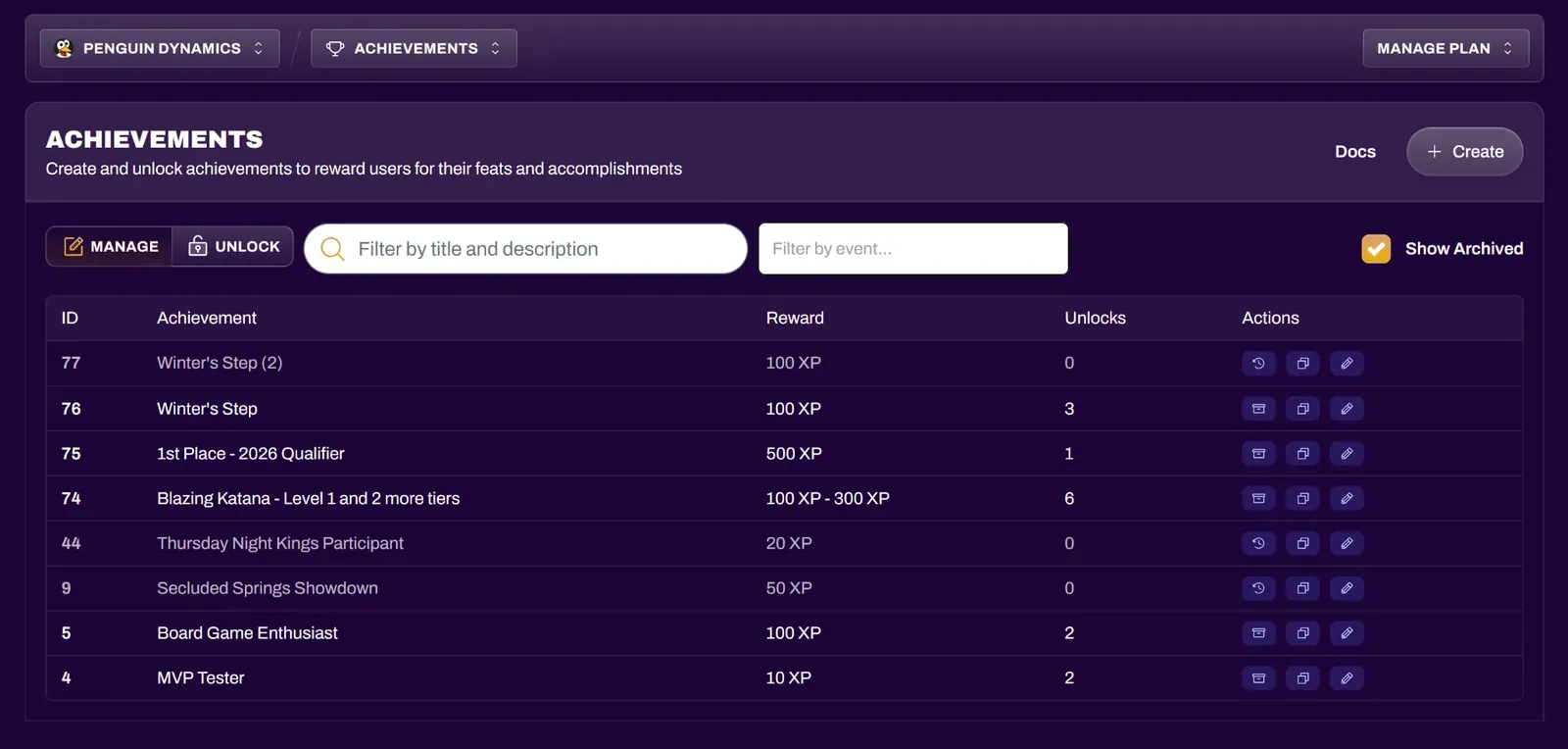 Screenshot of the archive button on an achievement