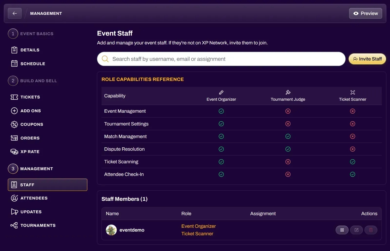 Screenshot of the Event Staff dashboard