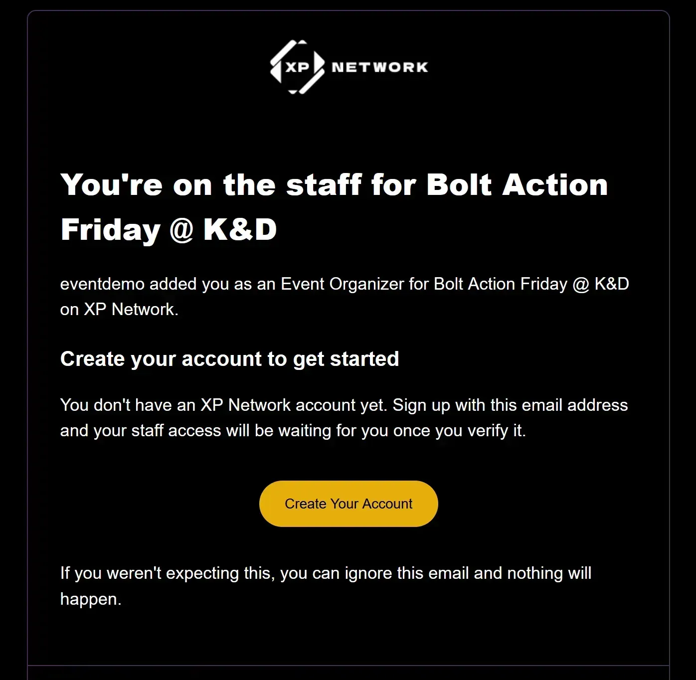 Screenshot of the staff invite email