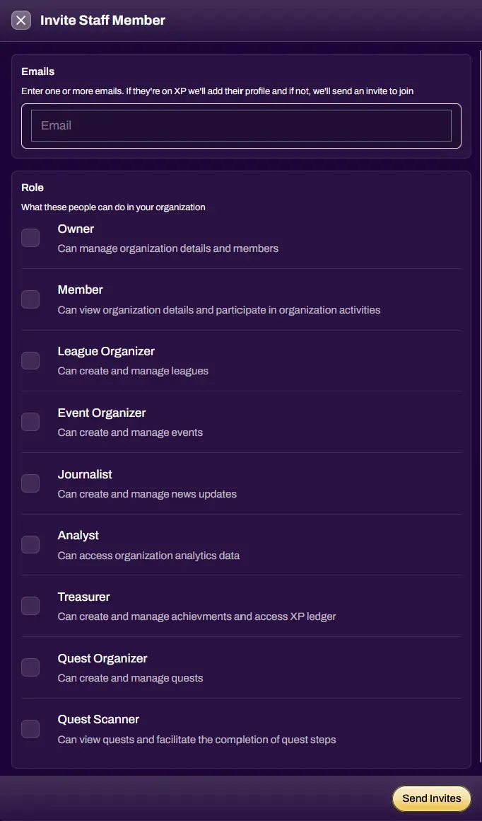 Screenshot of the Invite Staff Member modal
