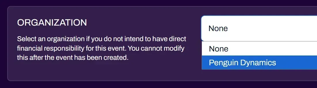 Screenshot of the organization selection when creating an event