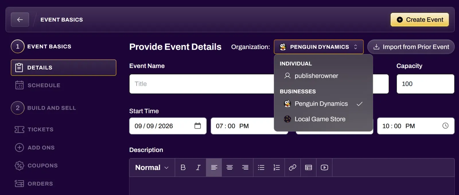 Screenshot of the organization selection when creating an event