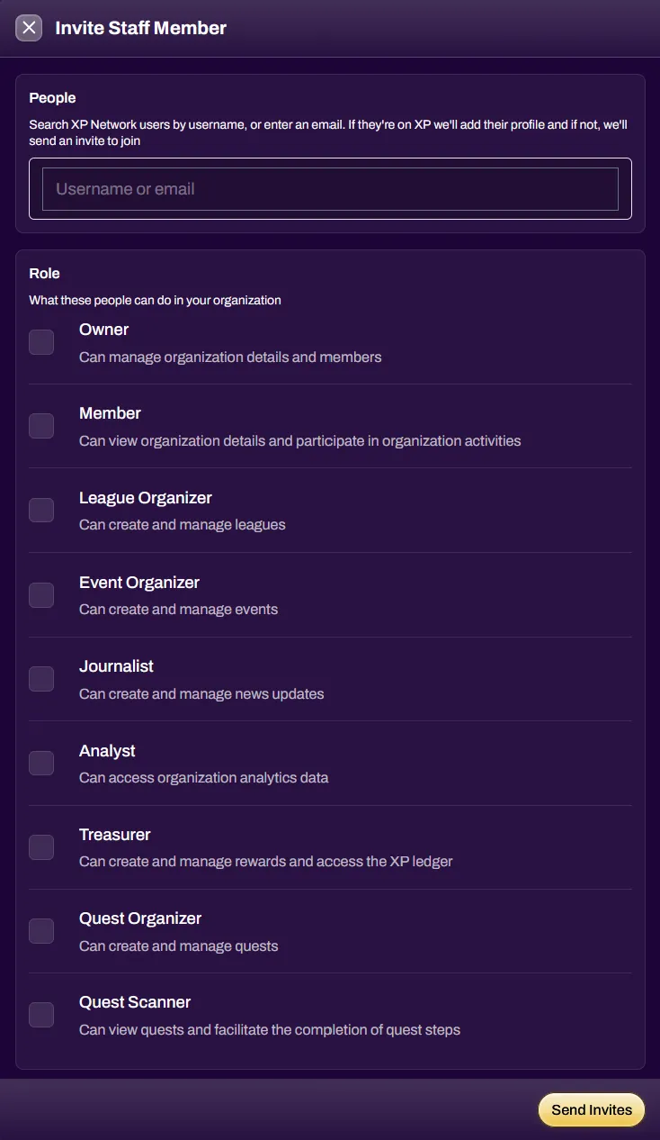 Screenshot of the Invite Staff Member modal