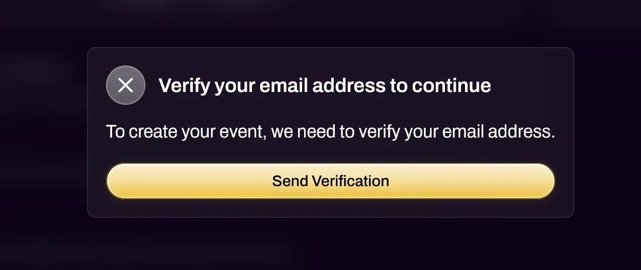 Screenshot of the email verification prompt when publishing an event