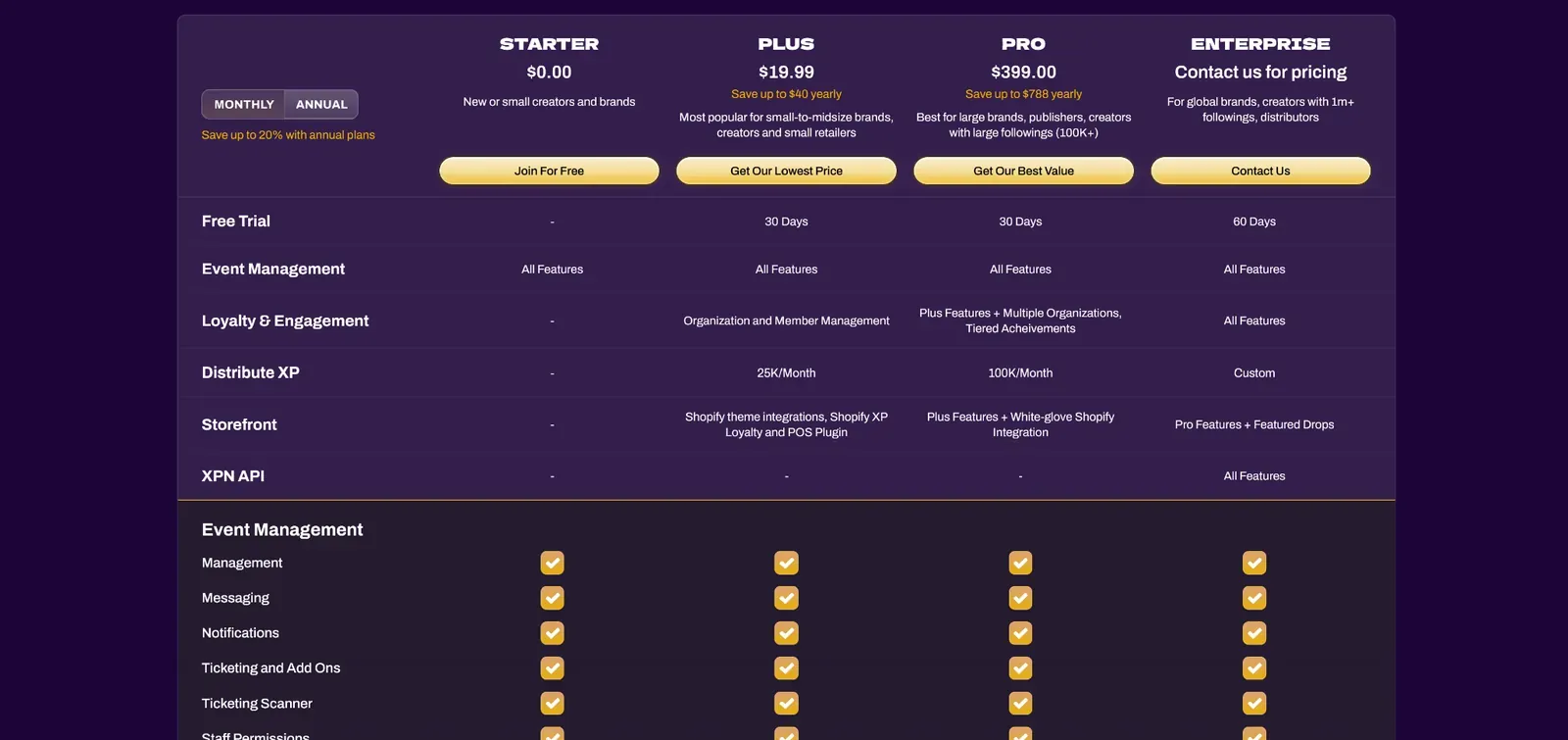 Screenshot of the XP Network Pricing page