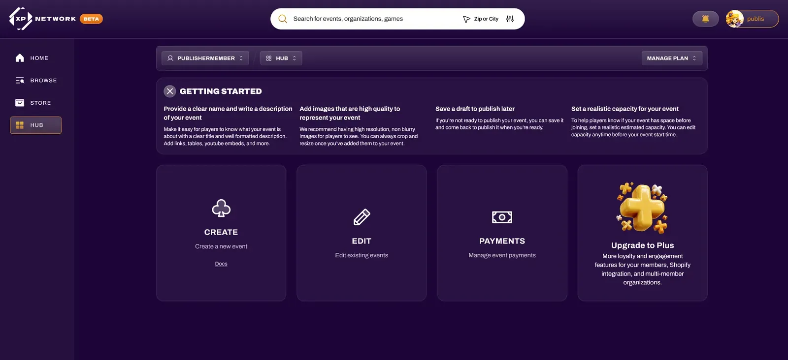 Screenshot of the Hub after becoming an organizer