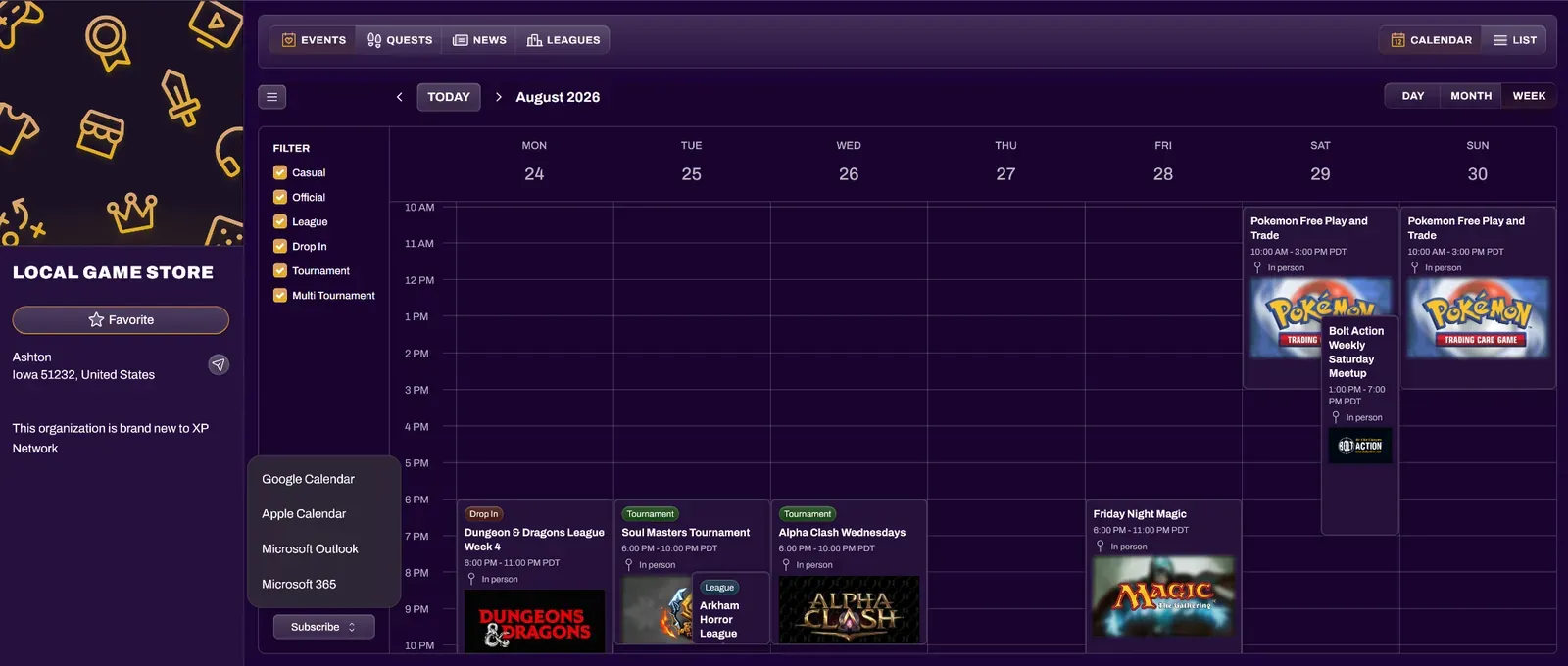 Organization calendar on XP Network