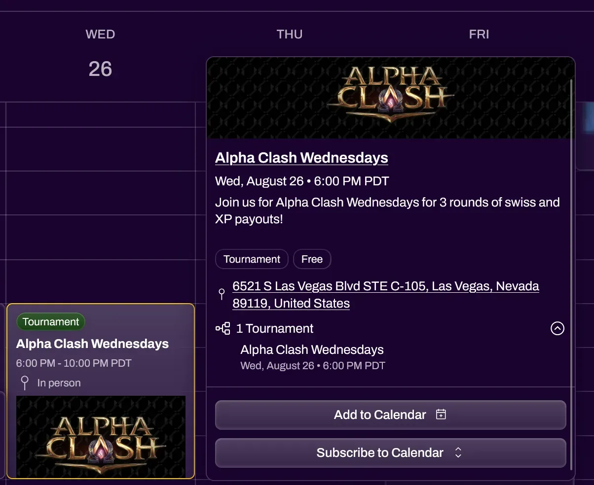 Event detail card showing Add to Calendar and Subscribe to Calendar options