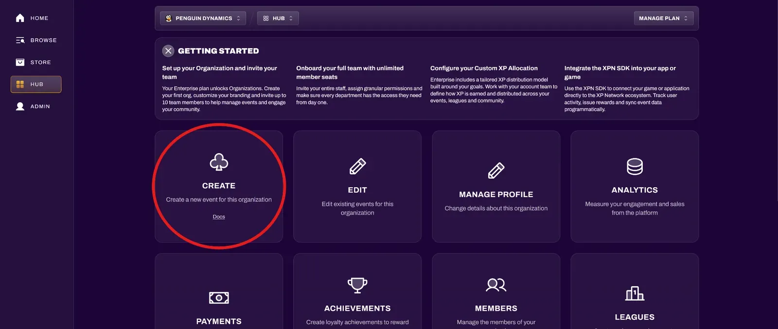 Screenshot of the Hub organization dropdown