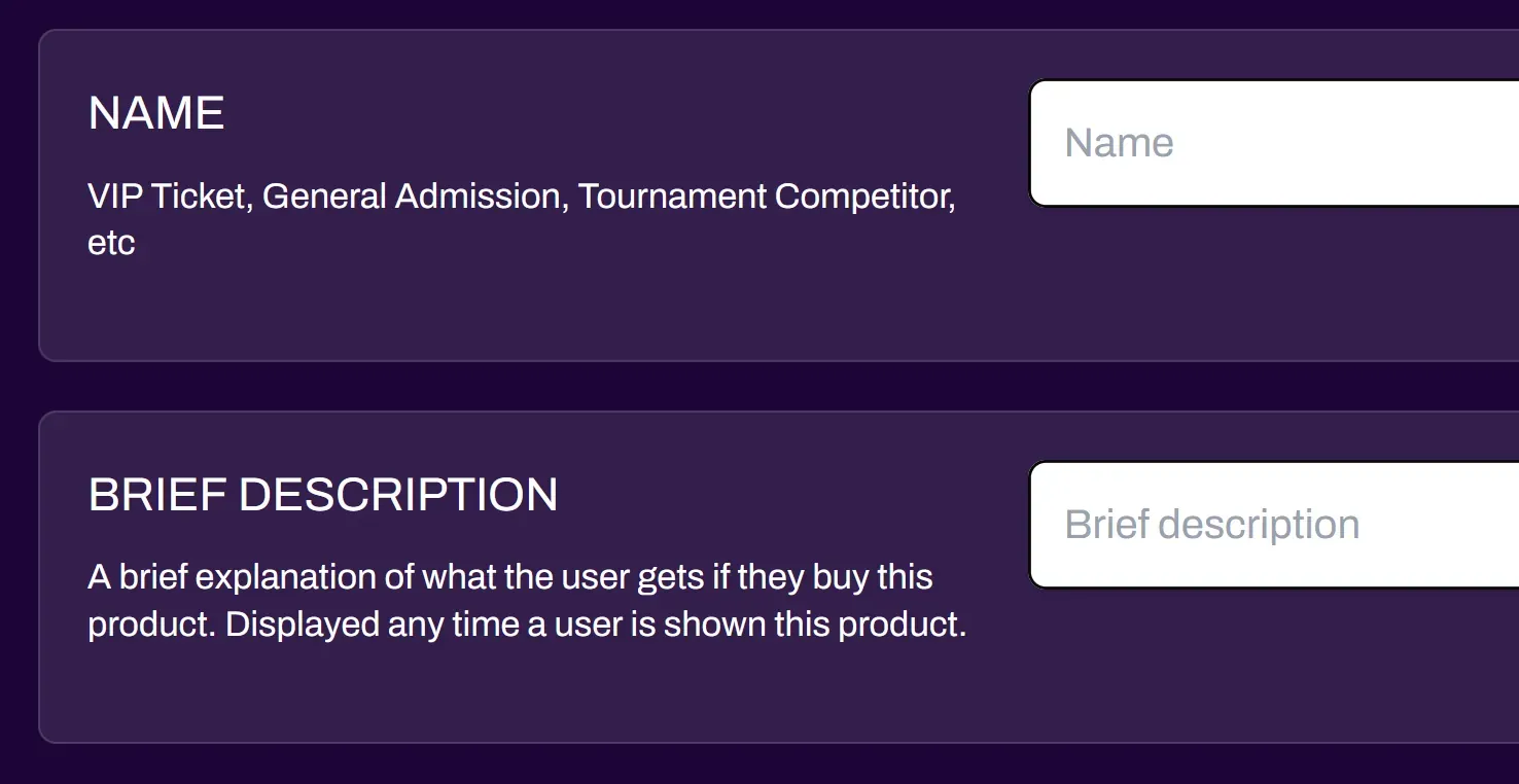 Screenshot of the Ticket Name and Brief Description fields