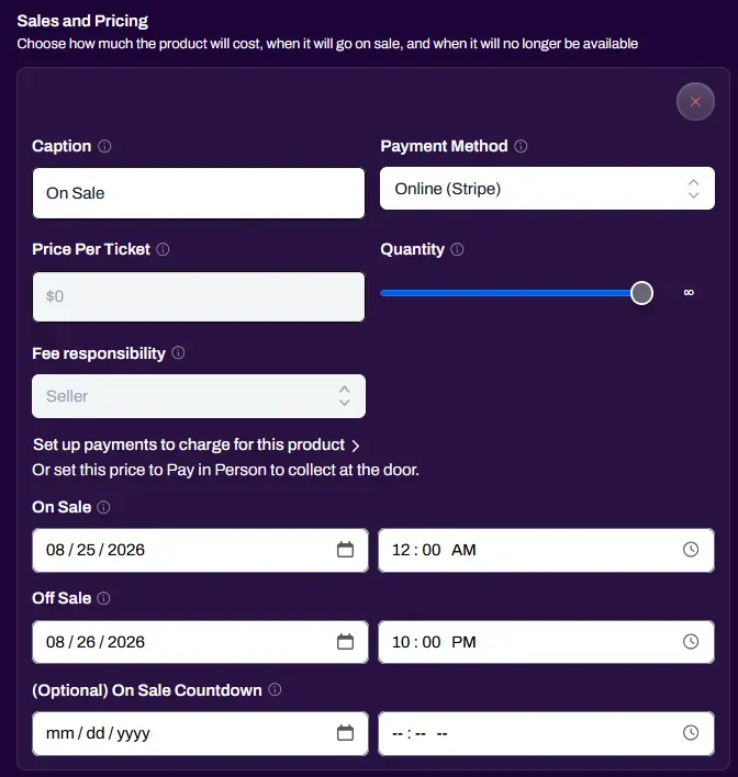 Screenshot of the Sales and Pricing fields