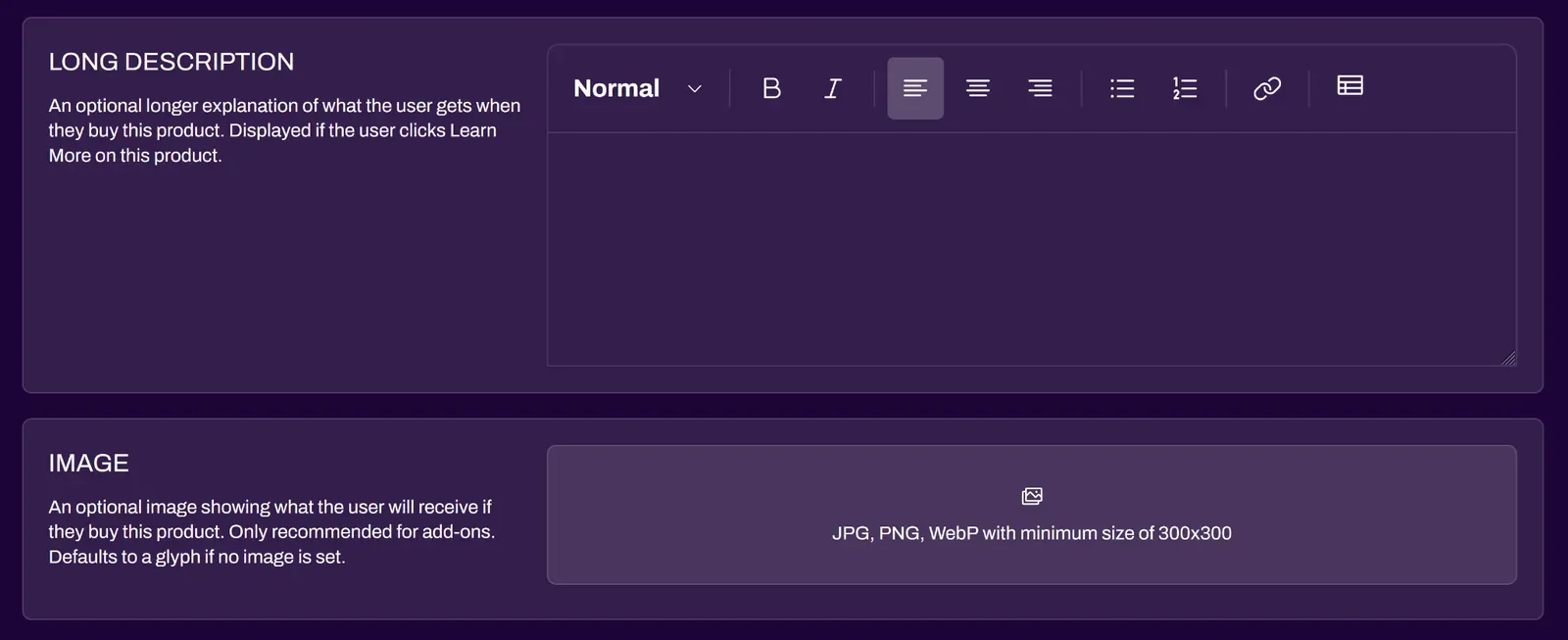 Screenshot of the optional Long Description and Ticket Image fields