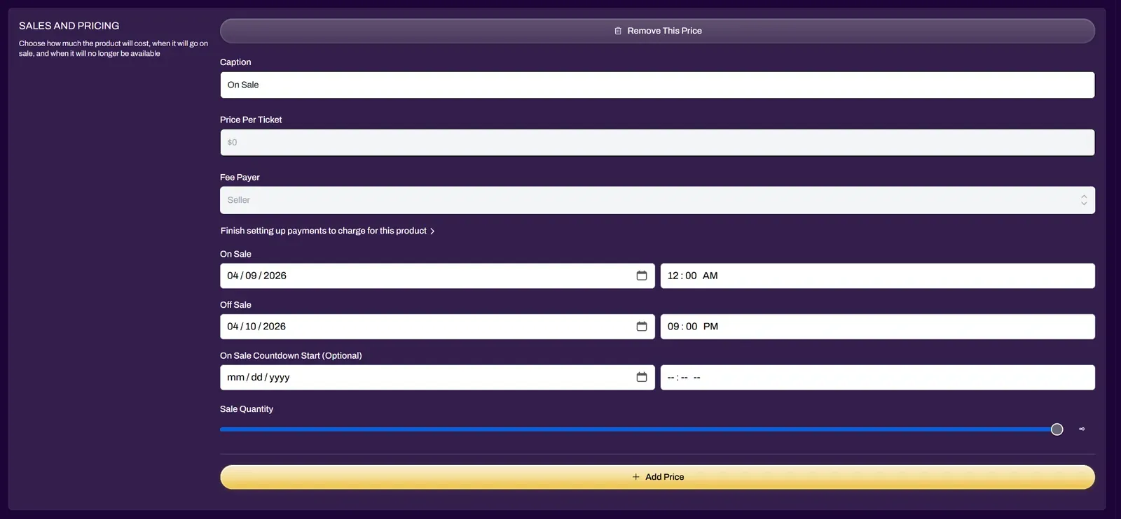 Screenshot of the Sales and Pricing fields