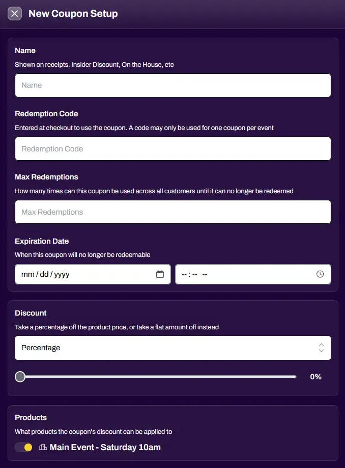 Screenshot of the coupon fields