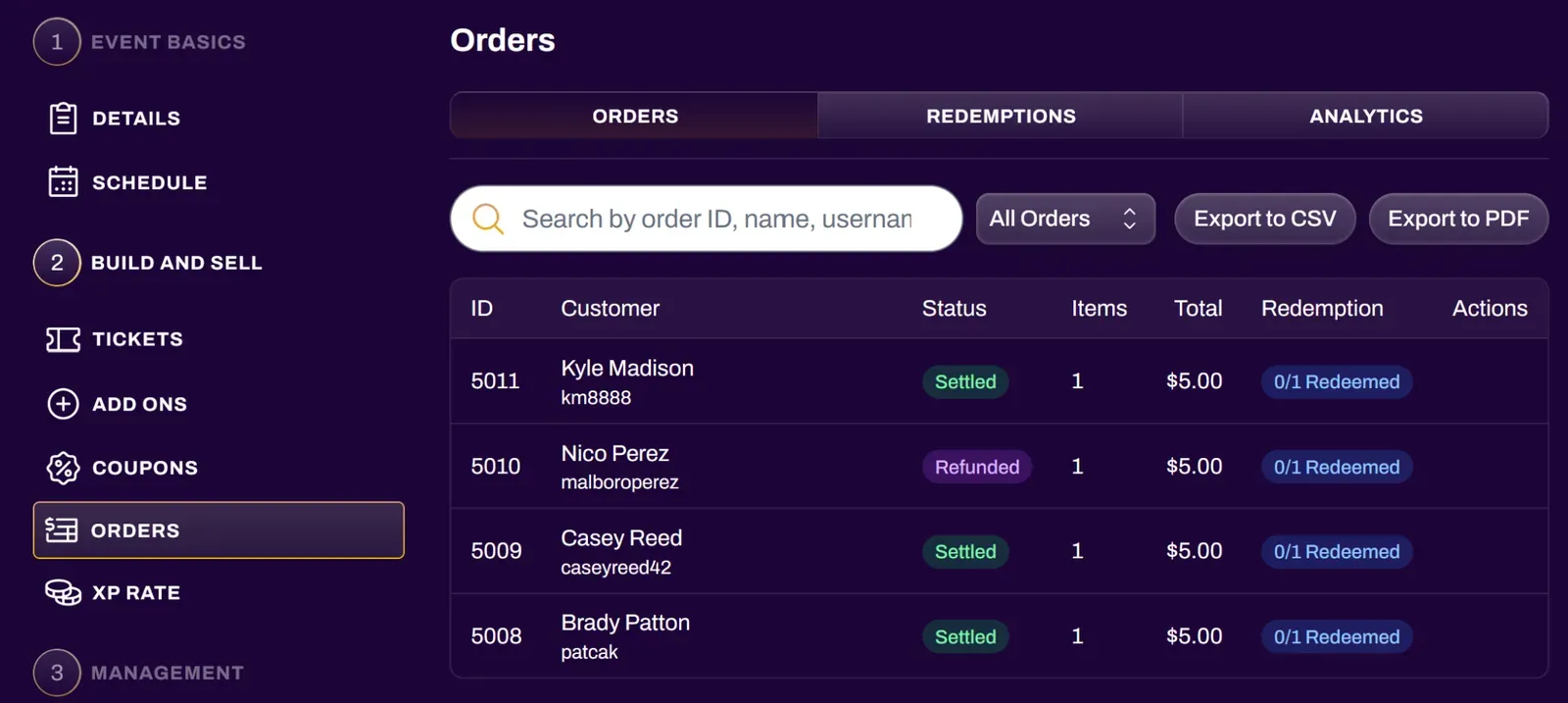 Screenshot of the Orders tab