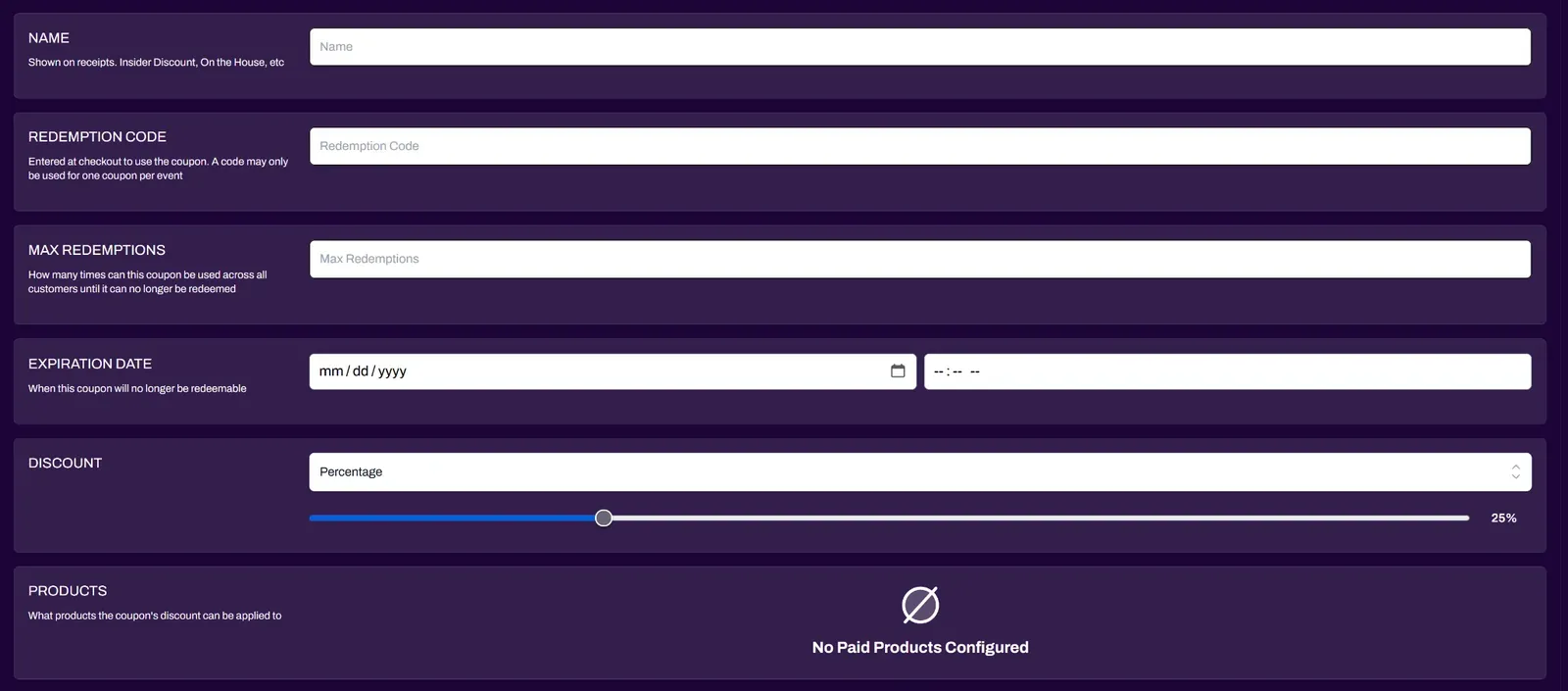 Screenshot of the Coupons section