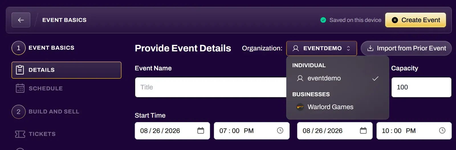 Screenshot of the organization dropdown