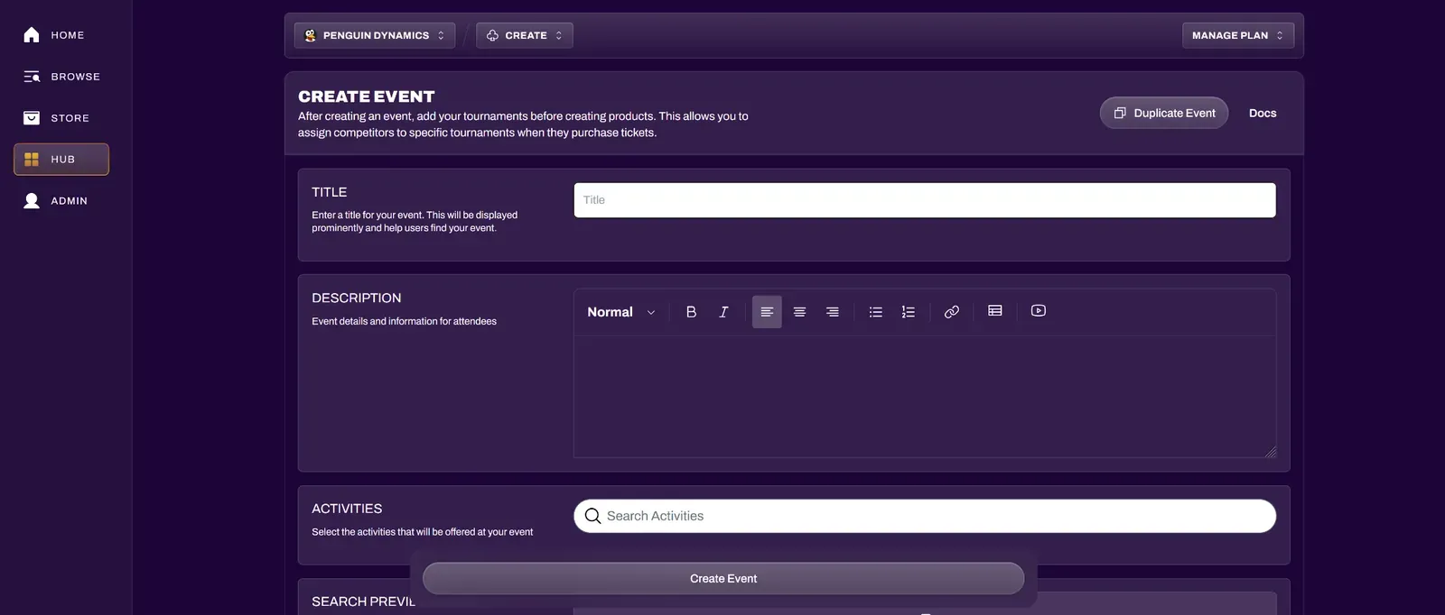 Screenshot of the event creator fields