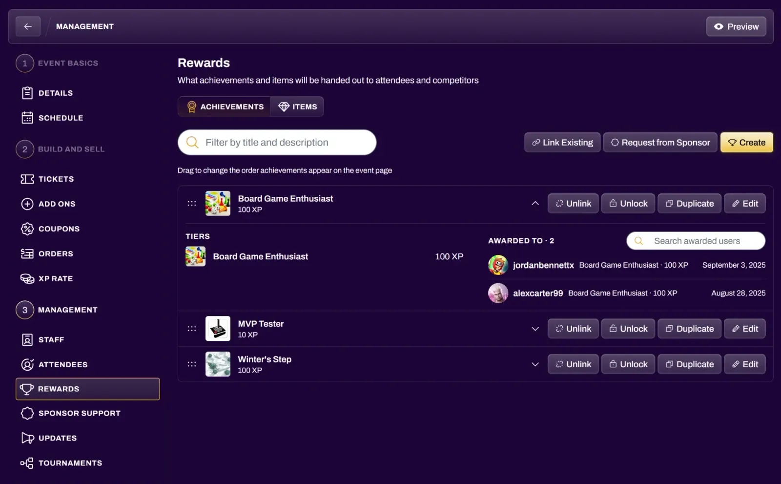 Screenshot of the Rewards tab