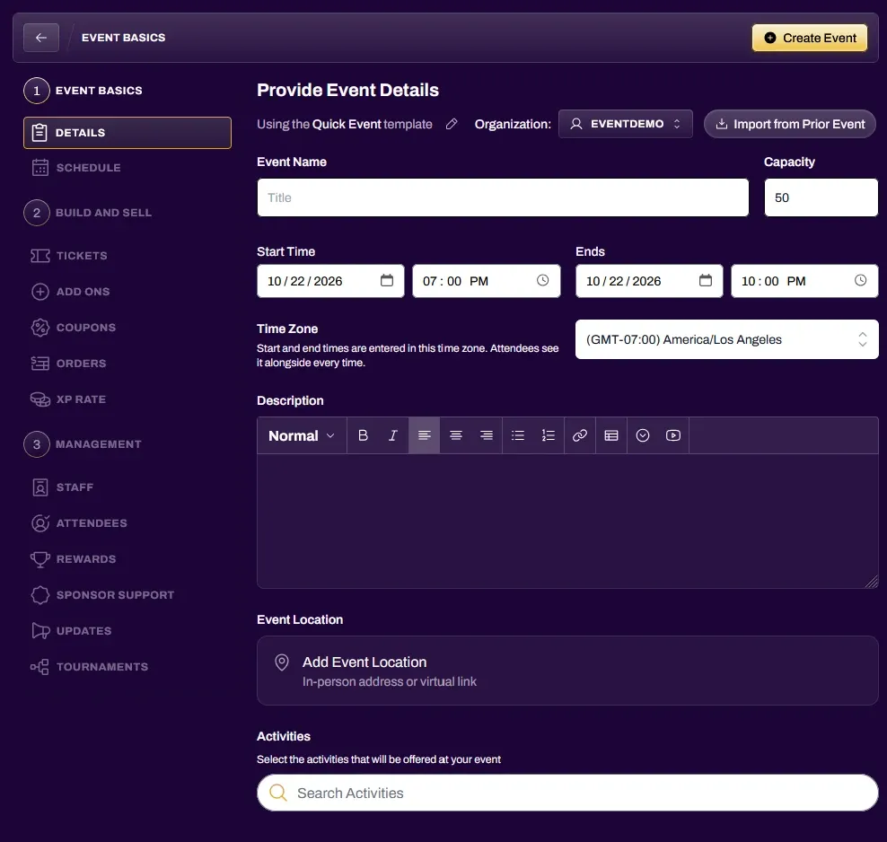 Screenshot of the event basics fields