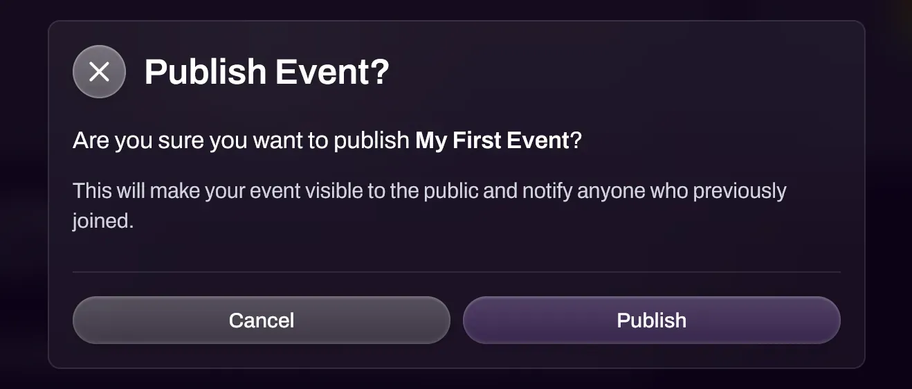 Screenshot of the Create Event button and publish confirmation