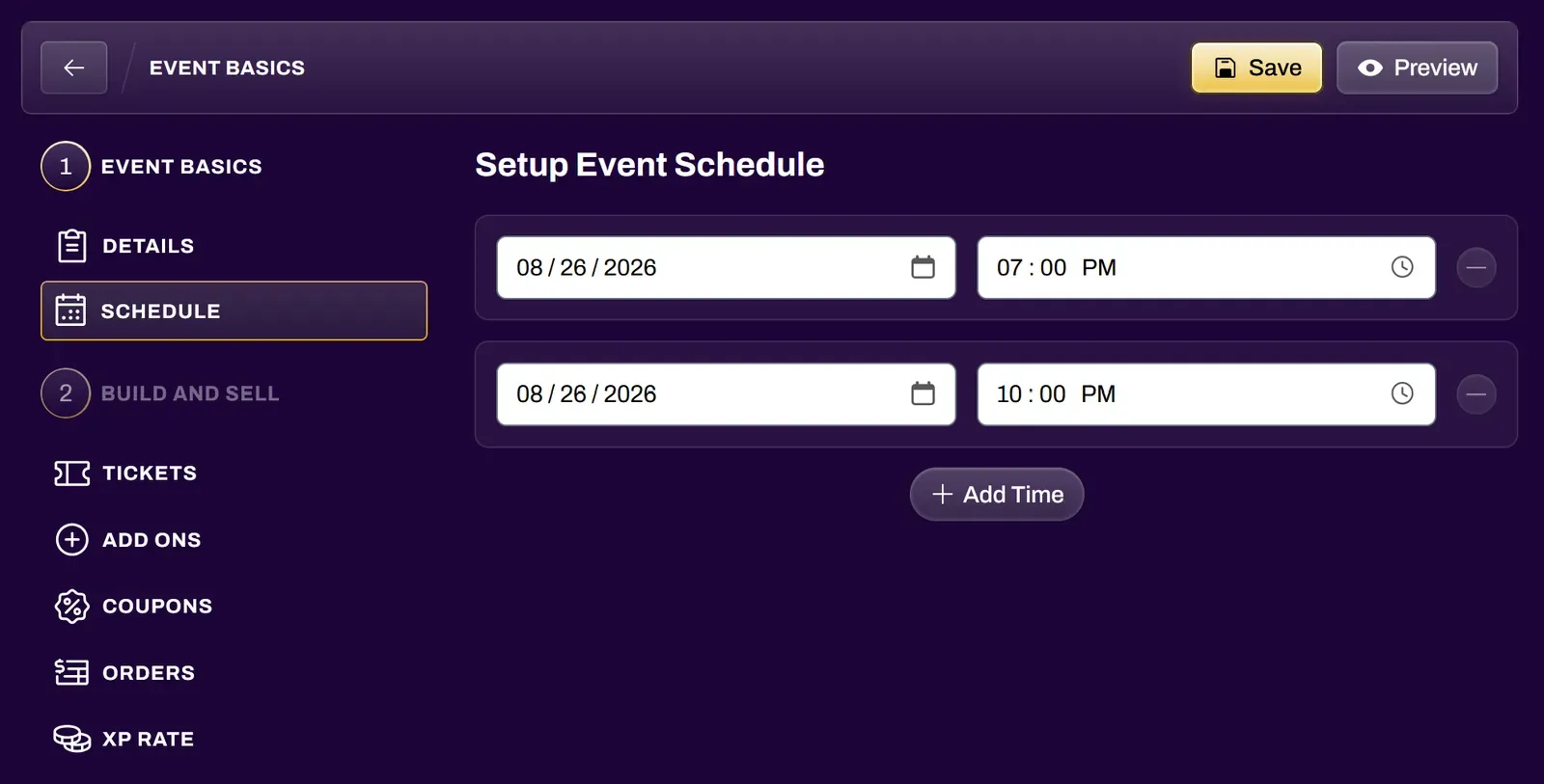 Screenshot of the Event Schedule section