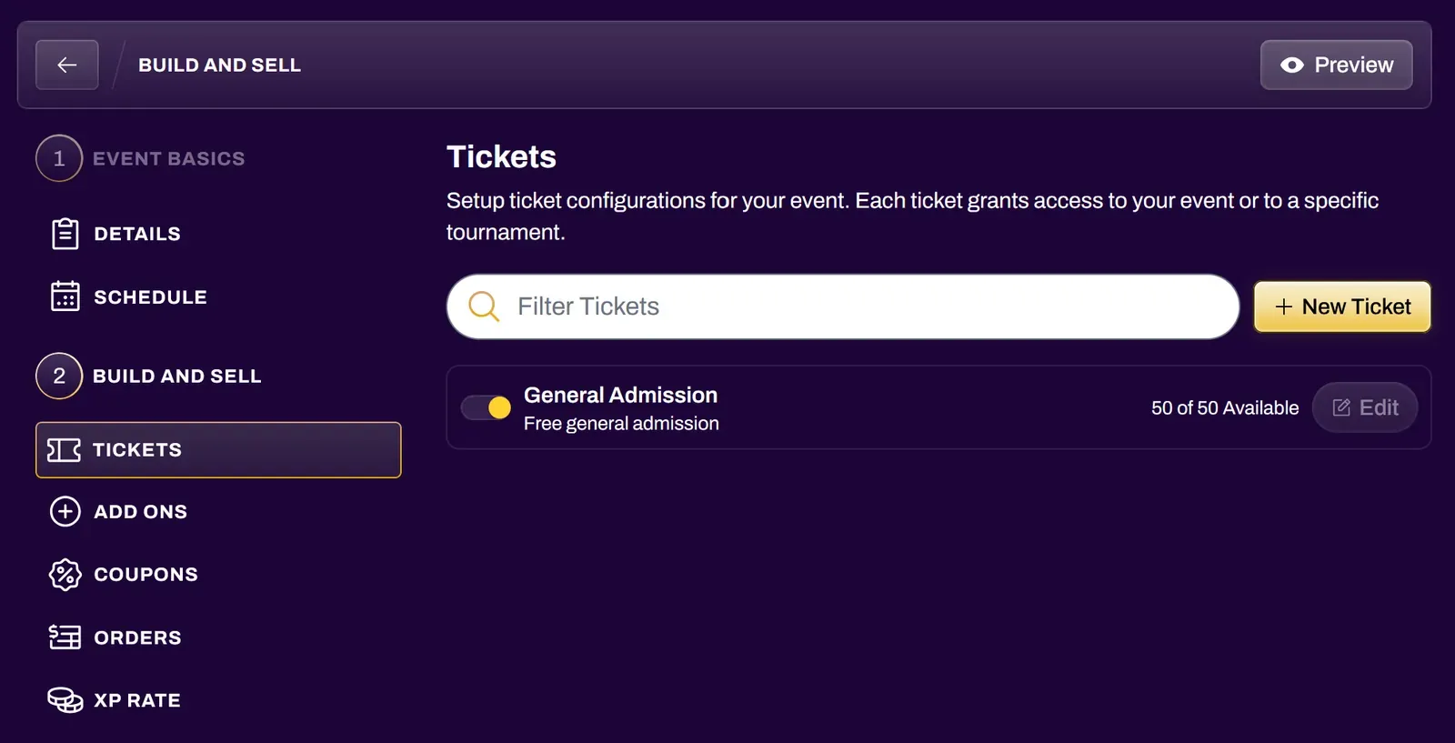 Screenshot of the Ticketing section