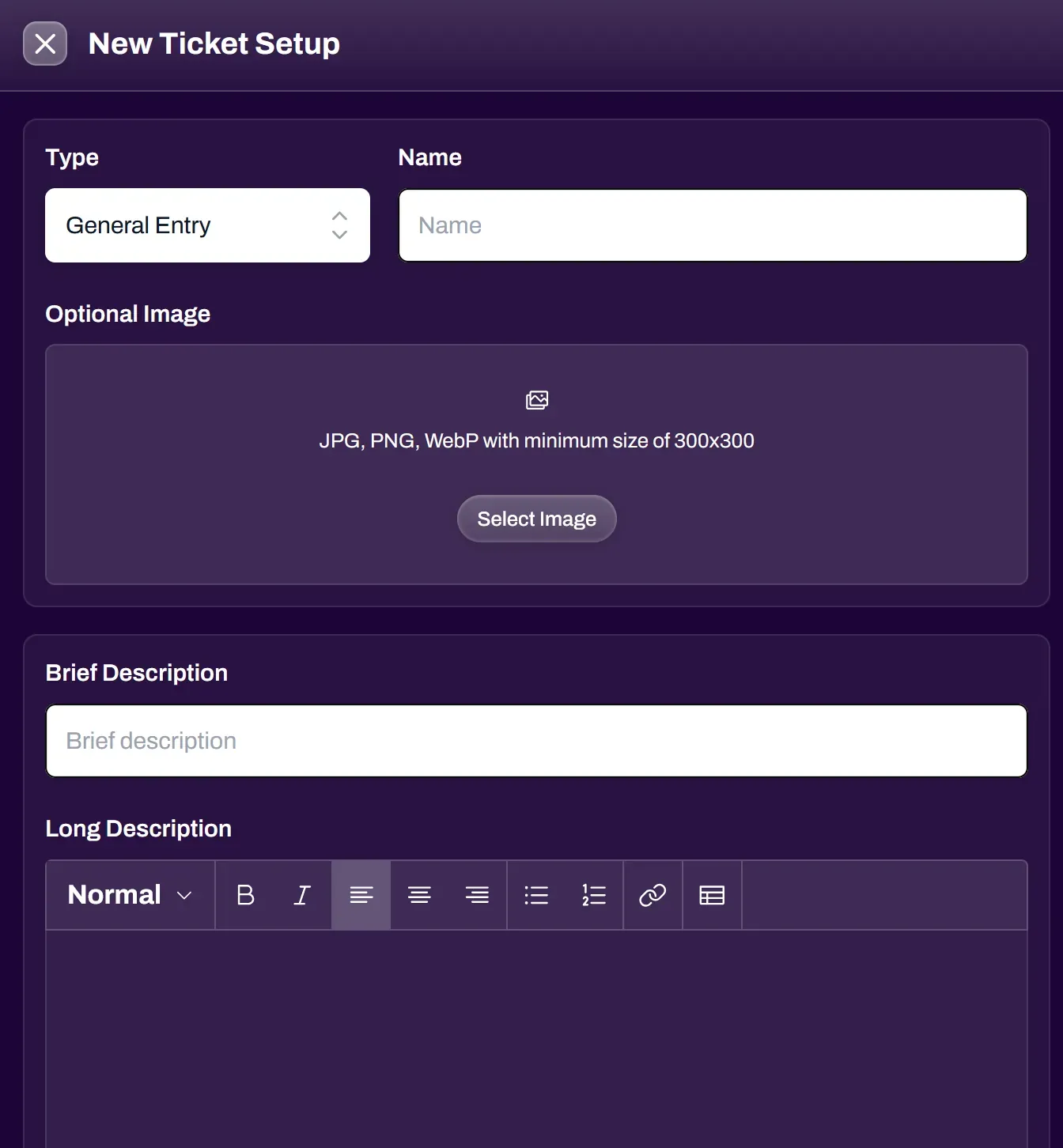 Screenshot of the ticket creation fields