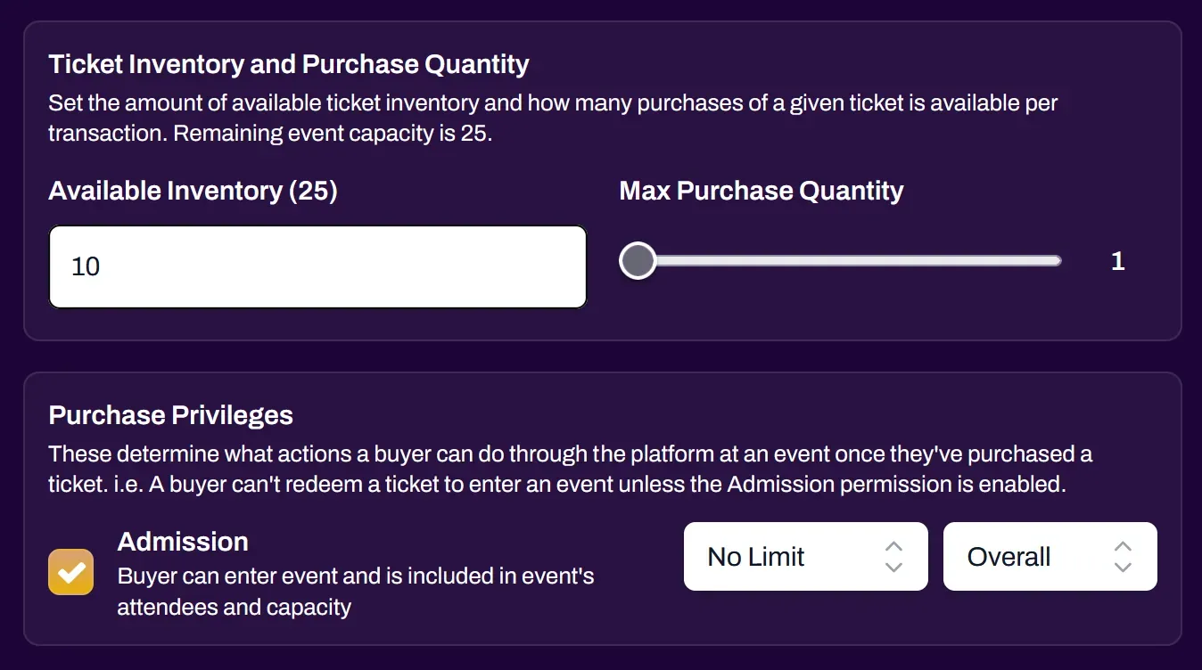 Screenshot of the Purchase Privileges field