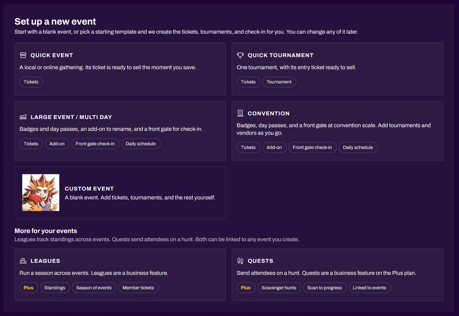 Screenshot of the event template selection screen