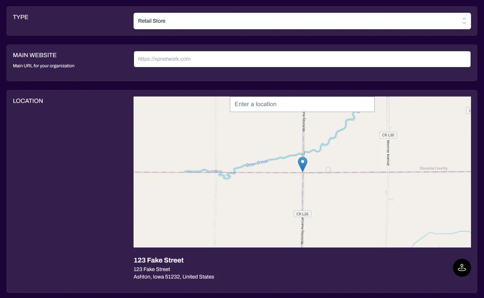 Type, website, and location fields screenshot