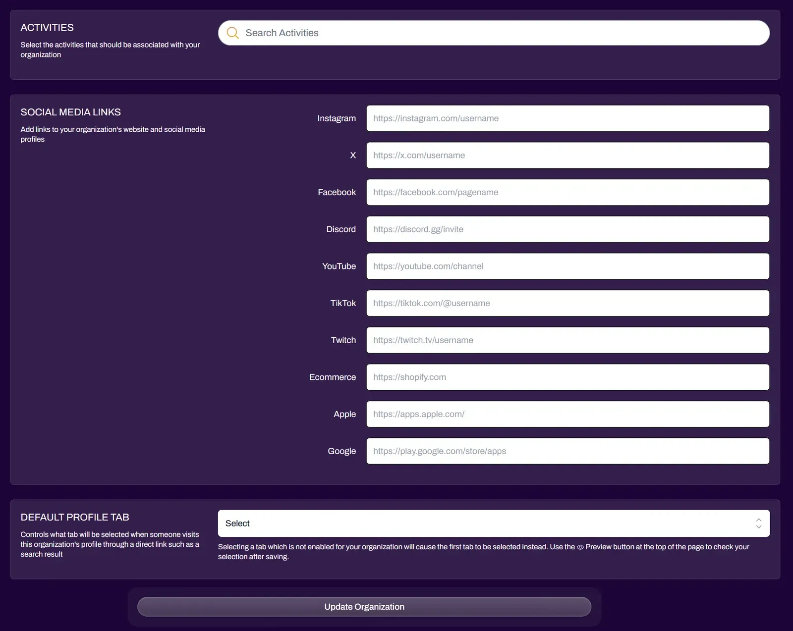 Activities and social media links screenshot