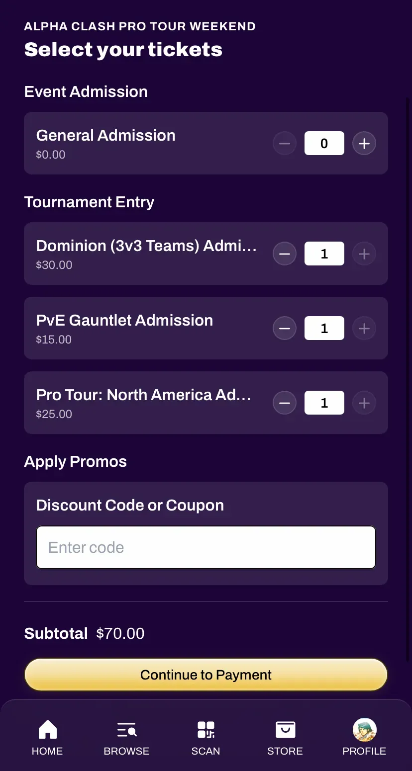 Ticket selection with discount code field