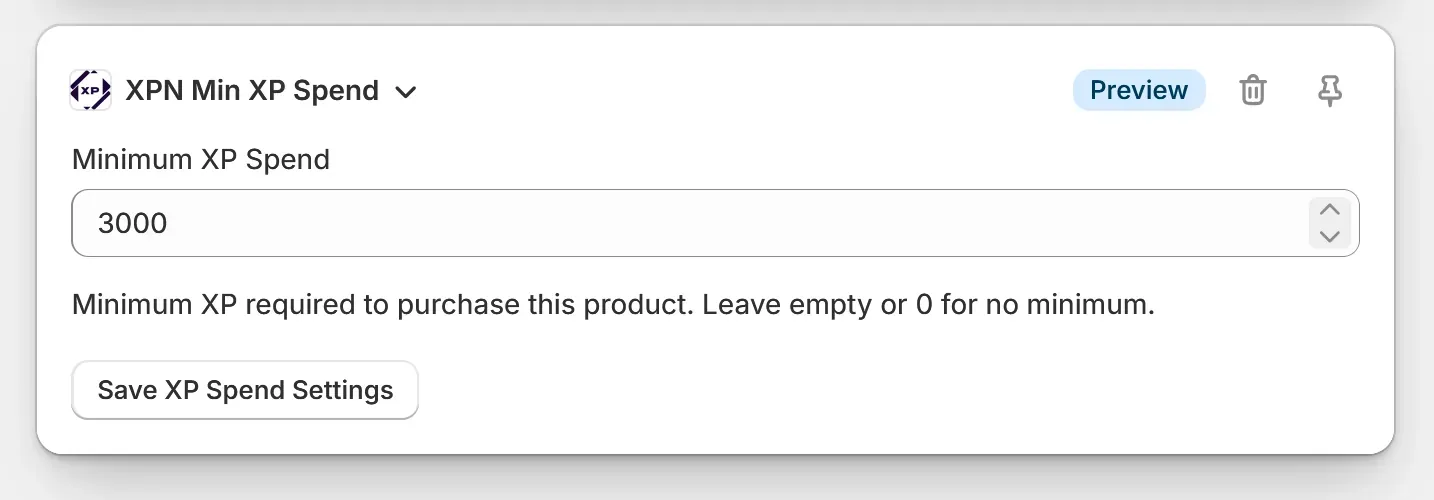 Minimum XP Spend setting in the XP Network Product Settings block
