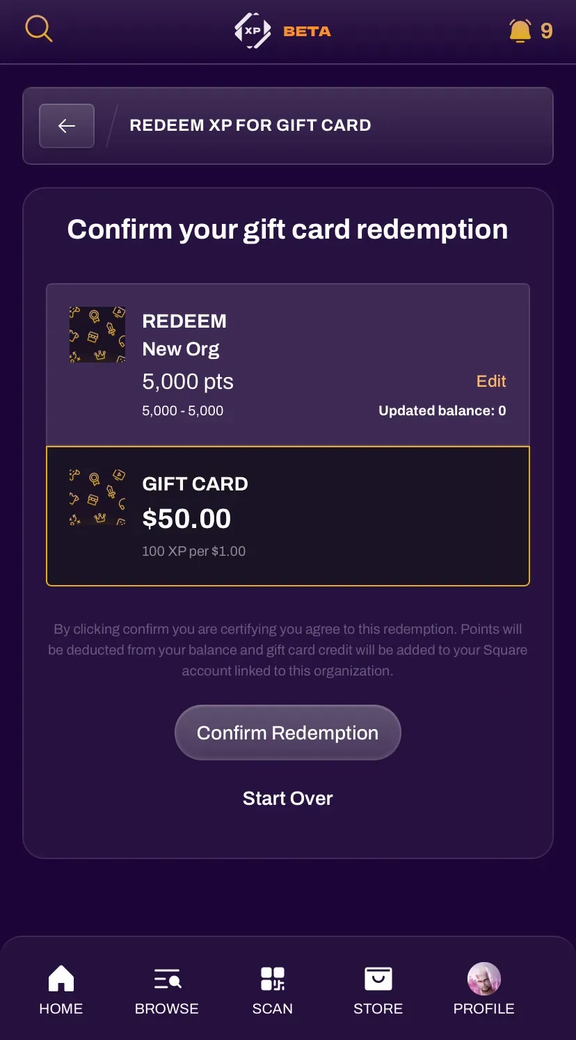 XP Store redemption screen step 3