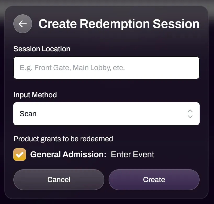 Screenshot of ticket selection for a redemption session