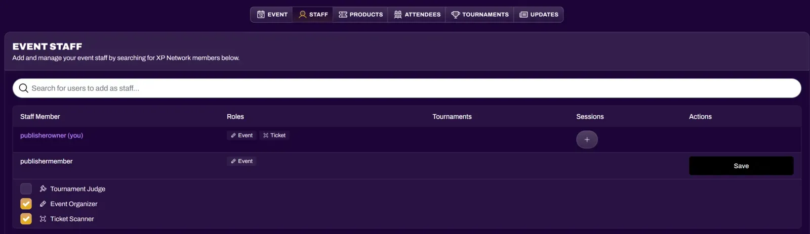 Screenshot of the Sessions section under the Staff tab