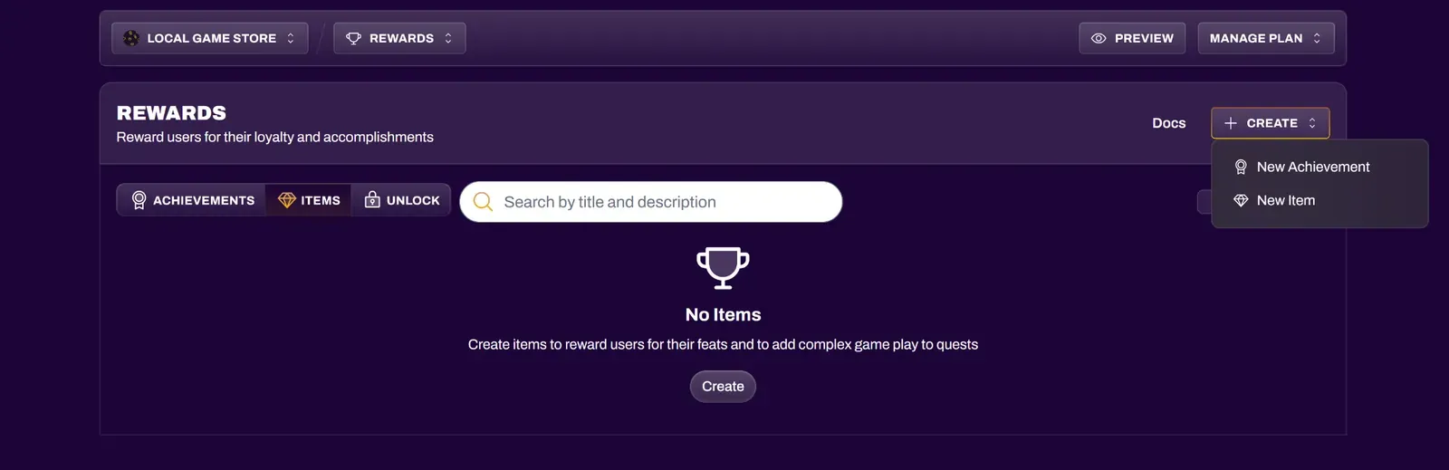 Screenshot of the Rewards Create dropdown with New Item selected