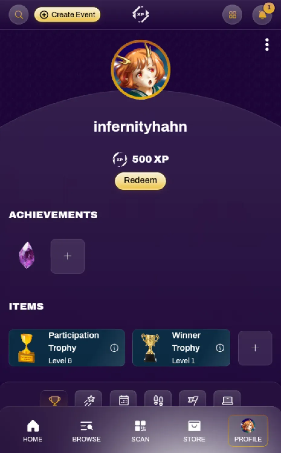 Screenshot of the Items inventory in a user profile