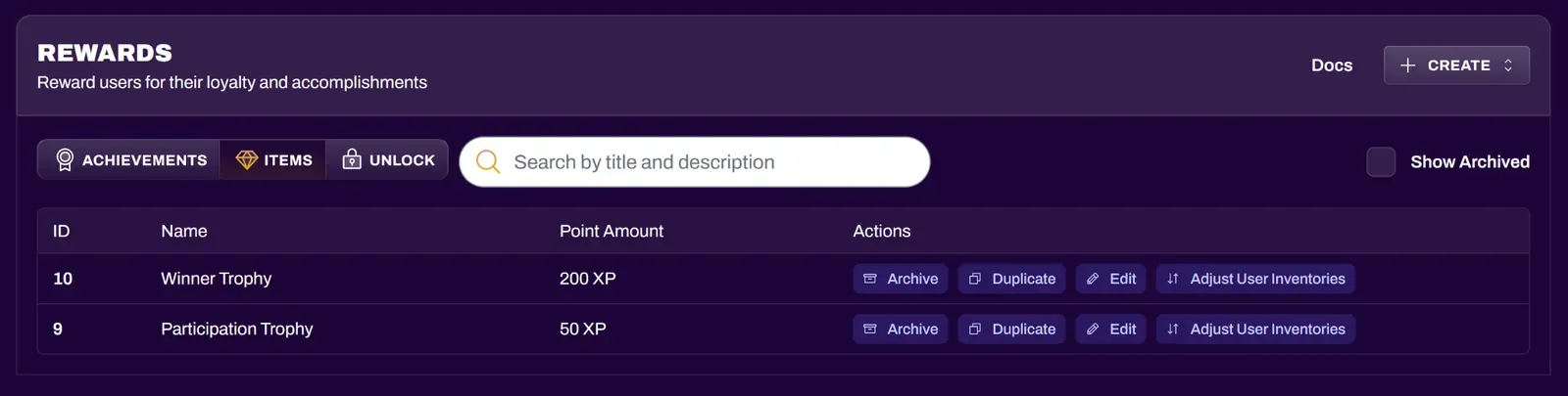 Screenshot of the Items list with management options