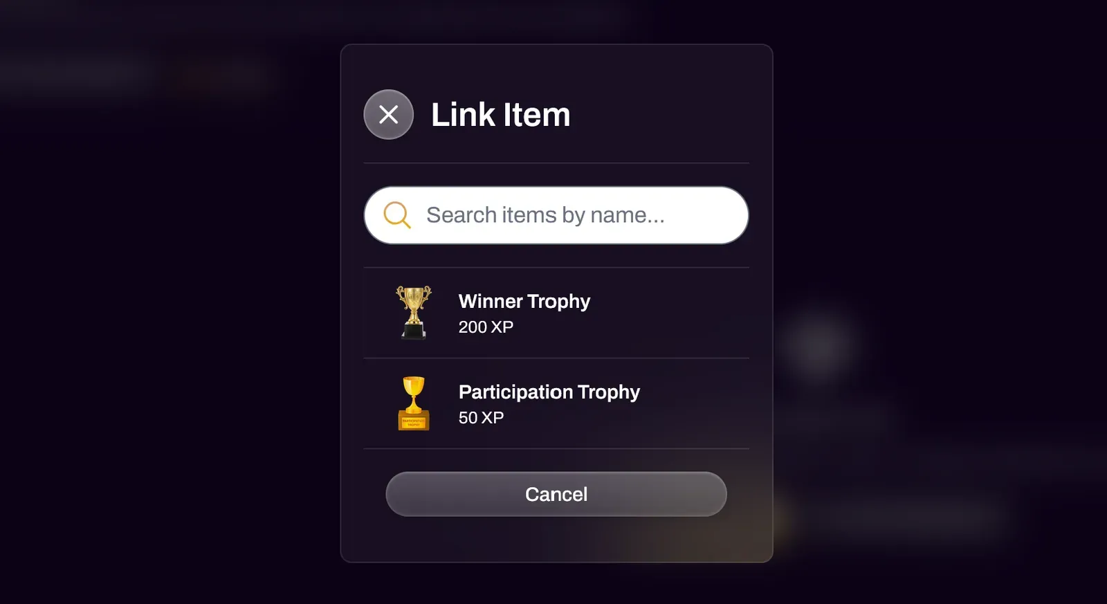 Screenshot of the Link Item modal