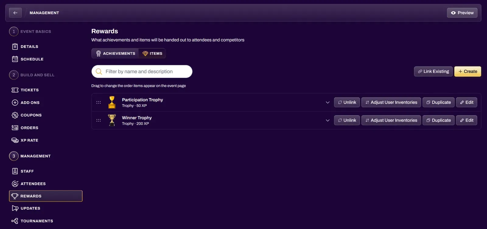 Screenshot of the linked items list with Unlink and Adjust User Inventories options