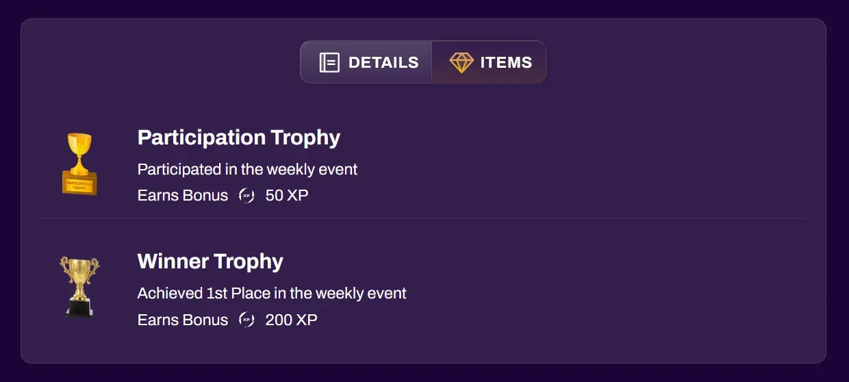 Screenshot of the event page showing the Details and Items tabs