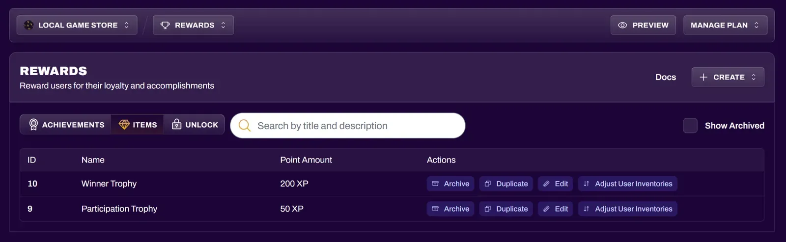 Screenshot of the Items view with the Adjust User Inventories button