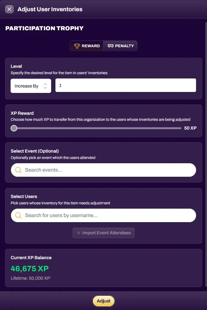 Screenshot of the Reward adjustment window