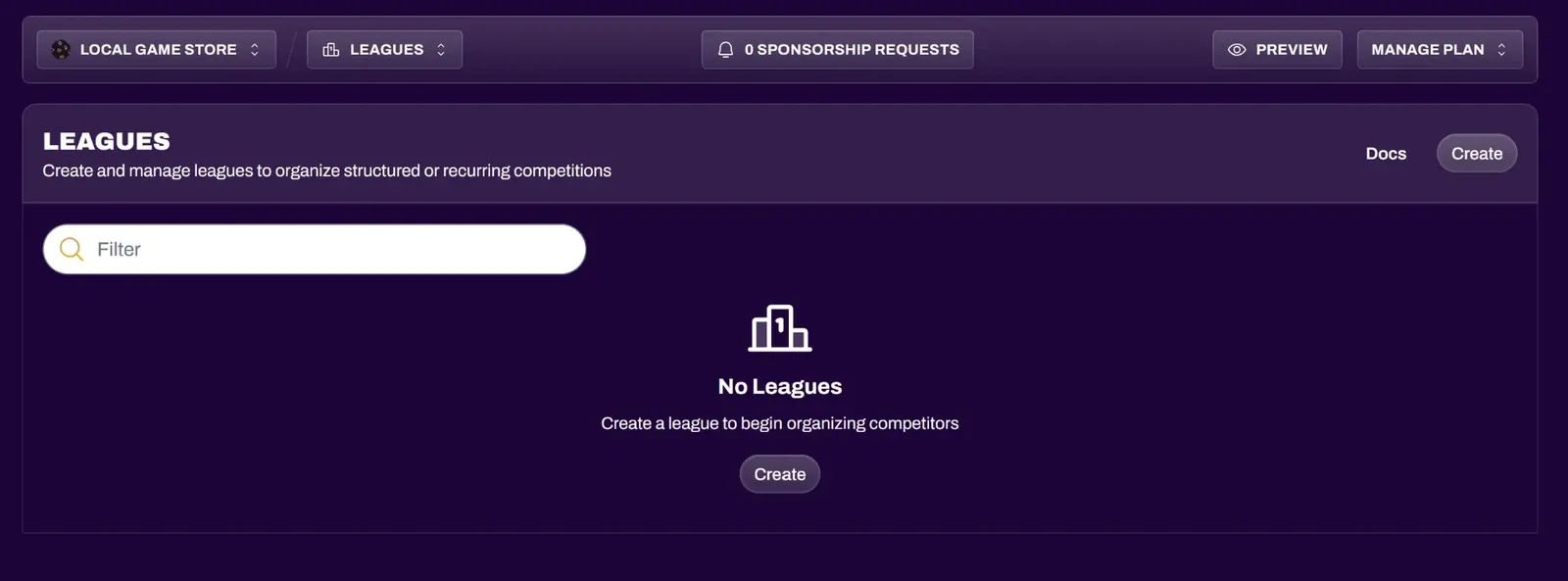 Screenshot of the Leagues section in the Hub