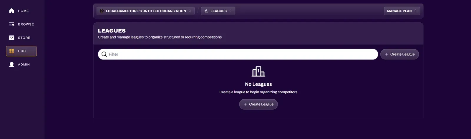 Screenshot of the Leagues section in the Hub
